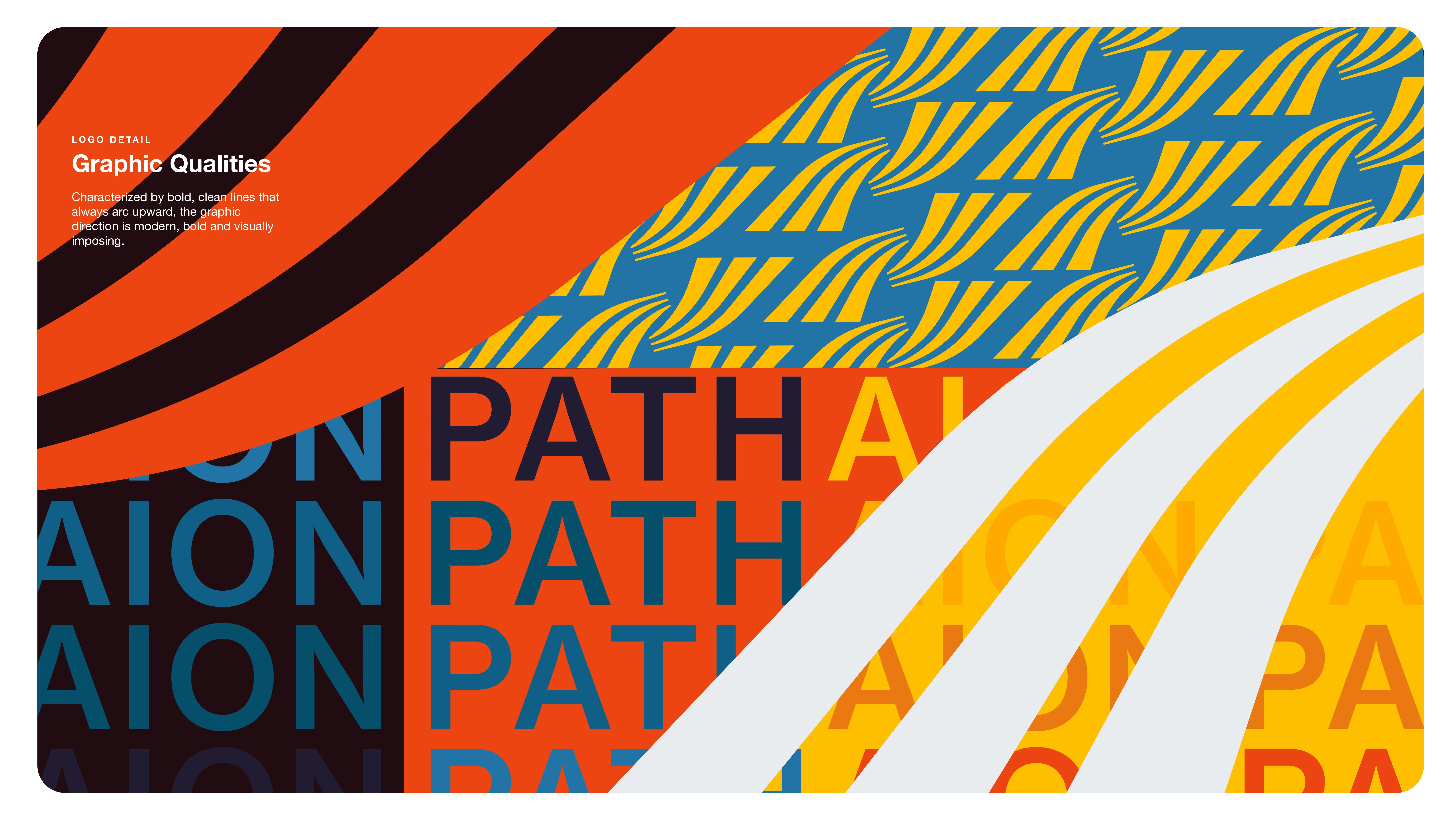 Colorful abstract design with curved orange, yellow, and black lines, intersecting blue text reading PATH and AION on orange and blue backgrounds, creating a bold and dynamic visual pattern. Text block reads Graphic Qualities.