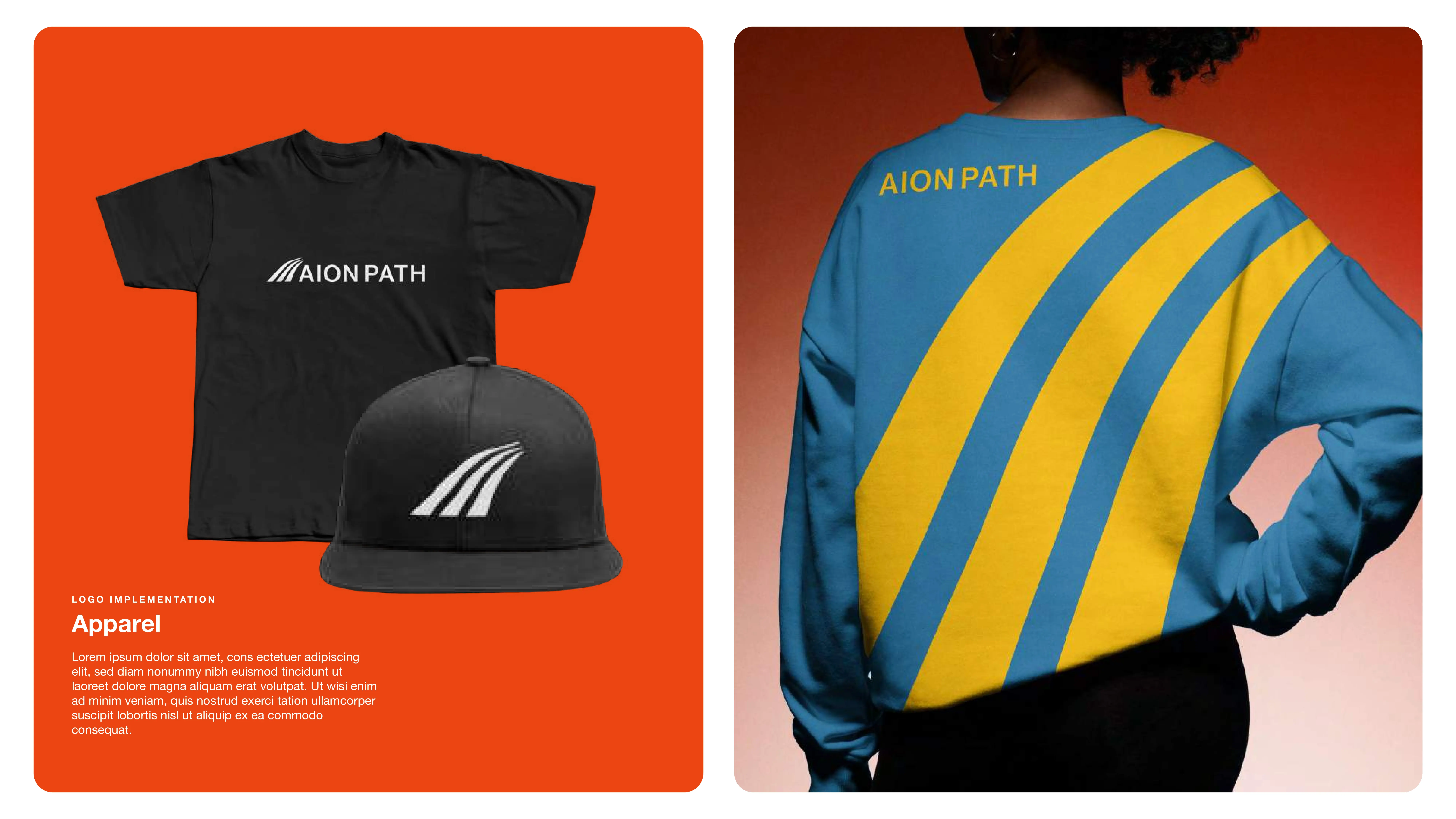 A black t-shirt and cap with the AION PATH logo are displayed on the left, while on the right, a person wears a blue sweatshirt with bold yellow diagonal stripes and AION PATH written on the upper back.