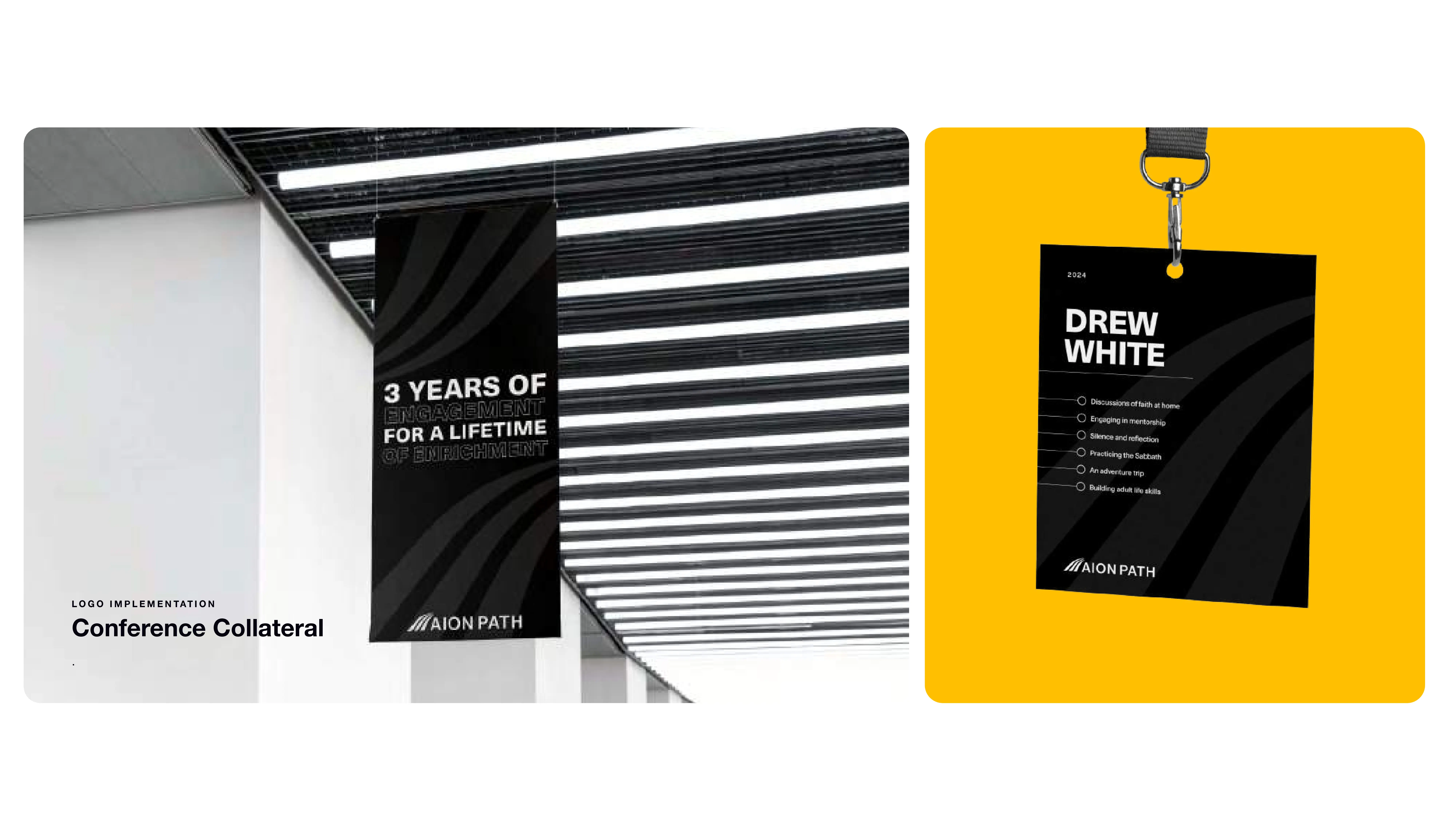 A black and white conference banner hangs in an open, modern space, reading “3 Years of...” with abstract wave designs. Next to it, a black conference badge with “Drew White” and checkboxes hangs on a yellow background.