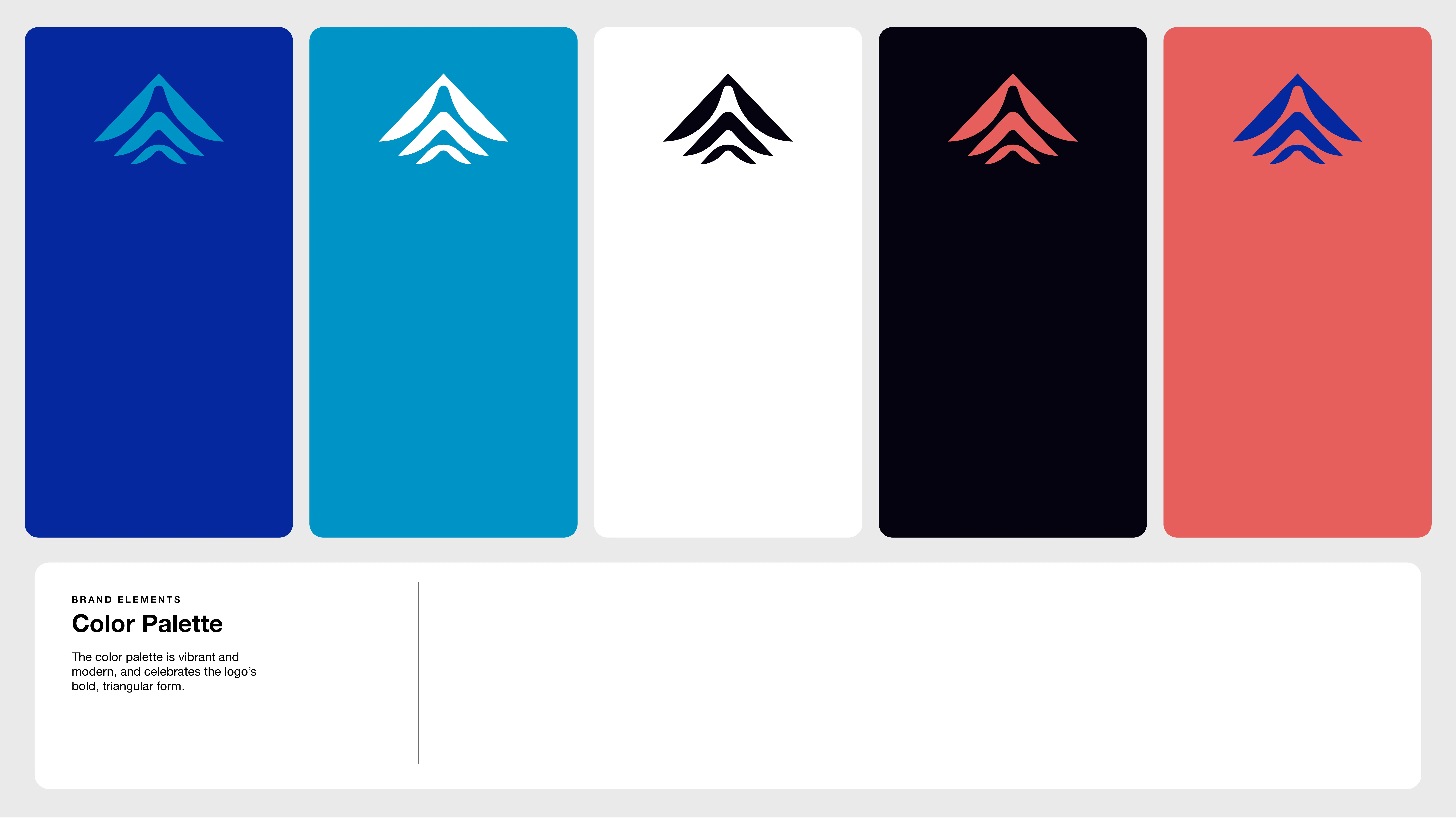 Five vertical color swatches—blue, light blue, white, black, and red—each featuring a white, black, or red upward arrow logo. Text below describes the color palette as vibrant, modern, and inspired by a tiger’s bold, triangular form.