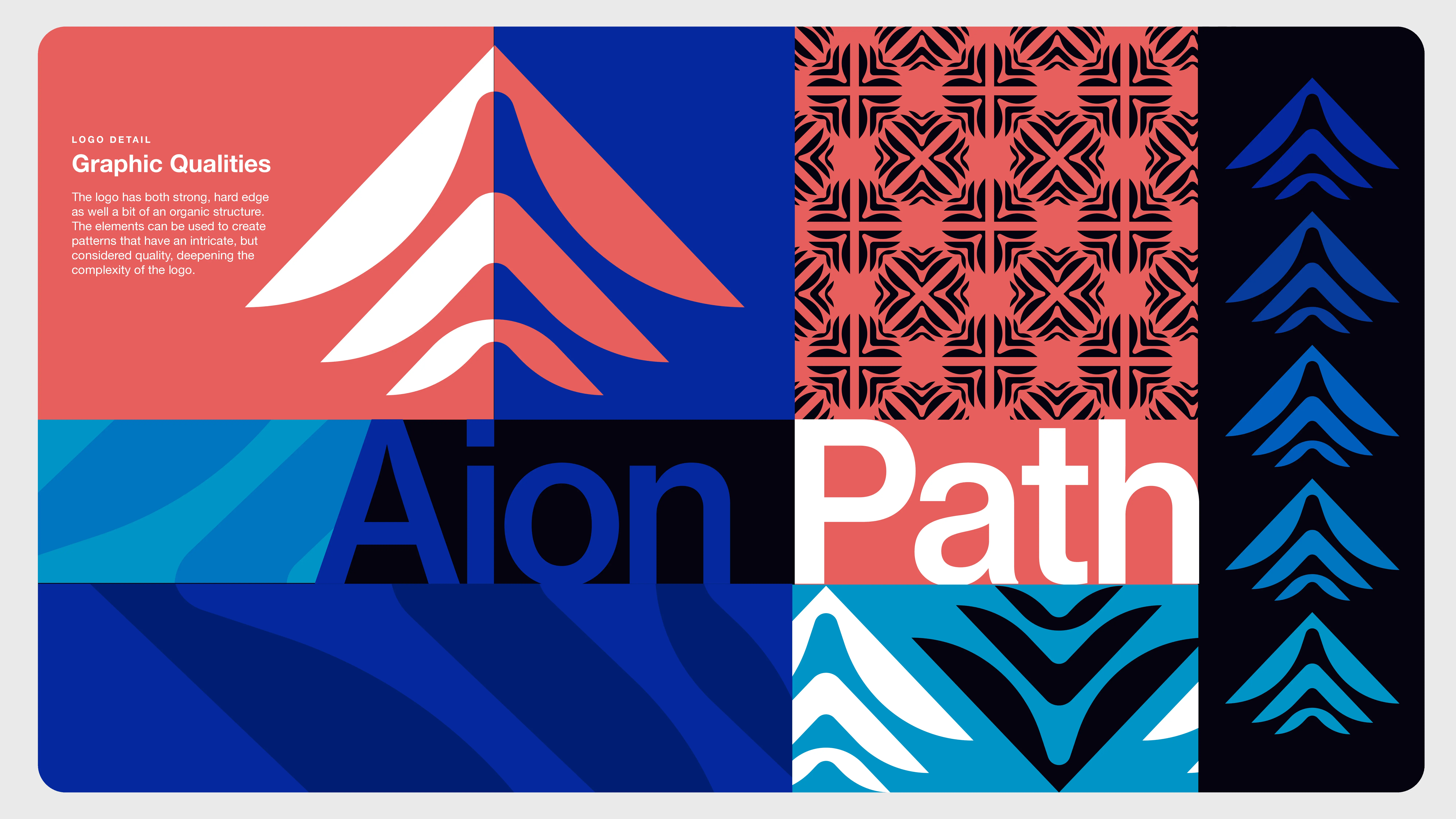A colorful graphic shows abstract geometric logo patterns, the words “Aion Path,” and a text box explaining the logo’s graphic qualities, featuring strong lines, bold shapes, and varied blue and coral color schemes.