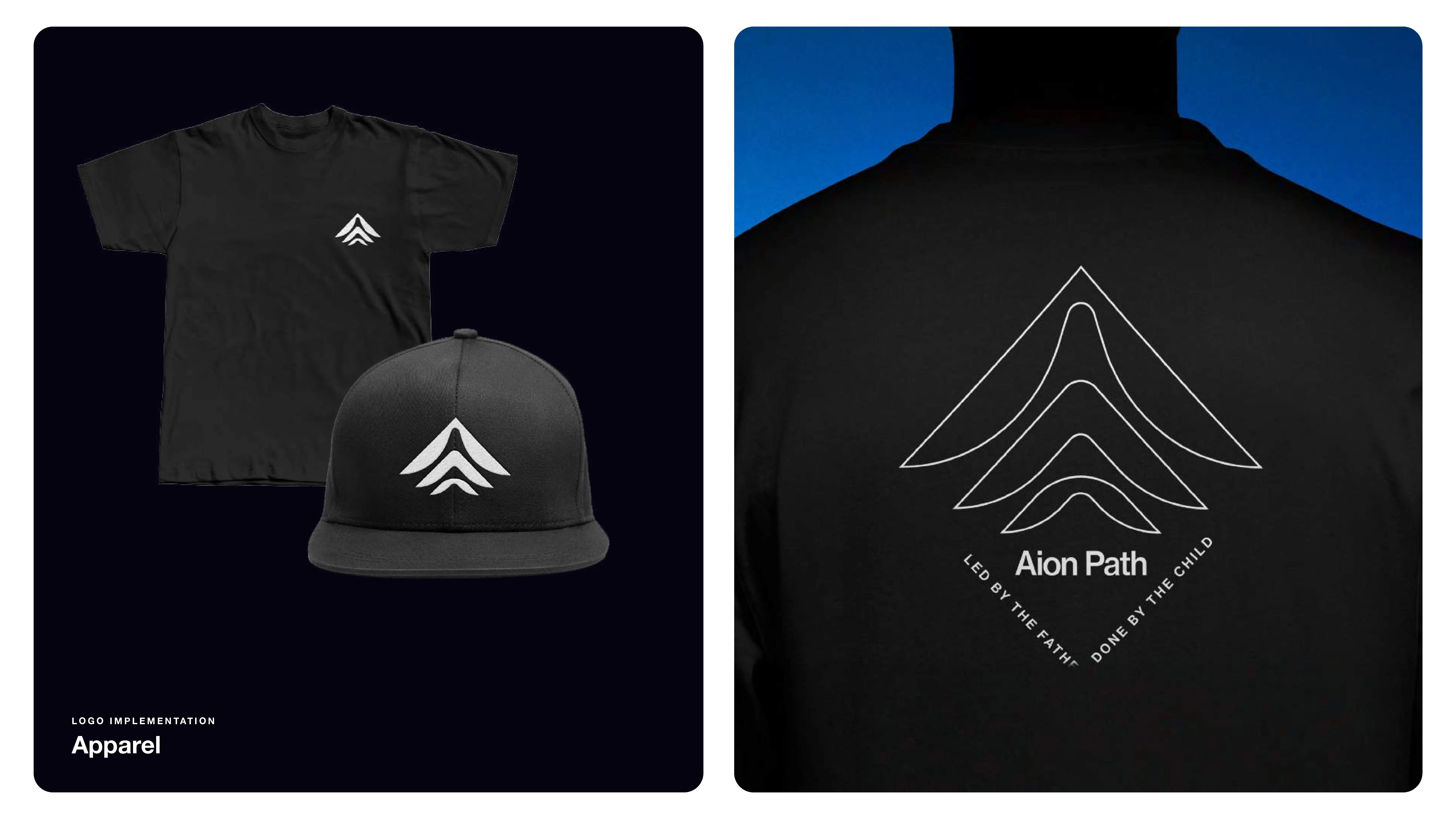Black t-shirt and cap featuring a white geometric logo; on the right, a close-up of the t-shirt’s back shows the same logo above the text “Aion Path” and the phrase “LED BY THE PATRIARCH, BORN BY THE CHILD.”.