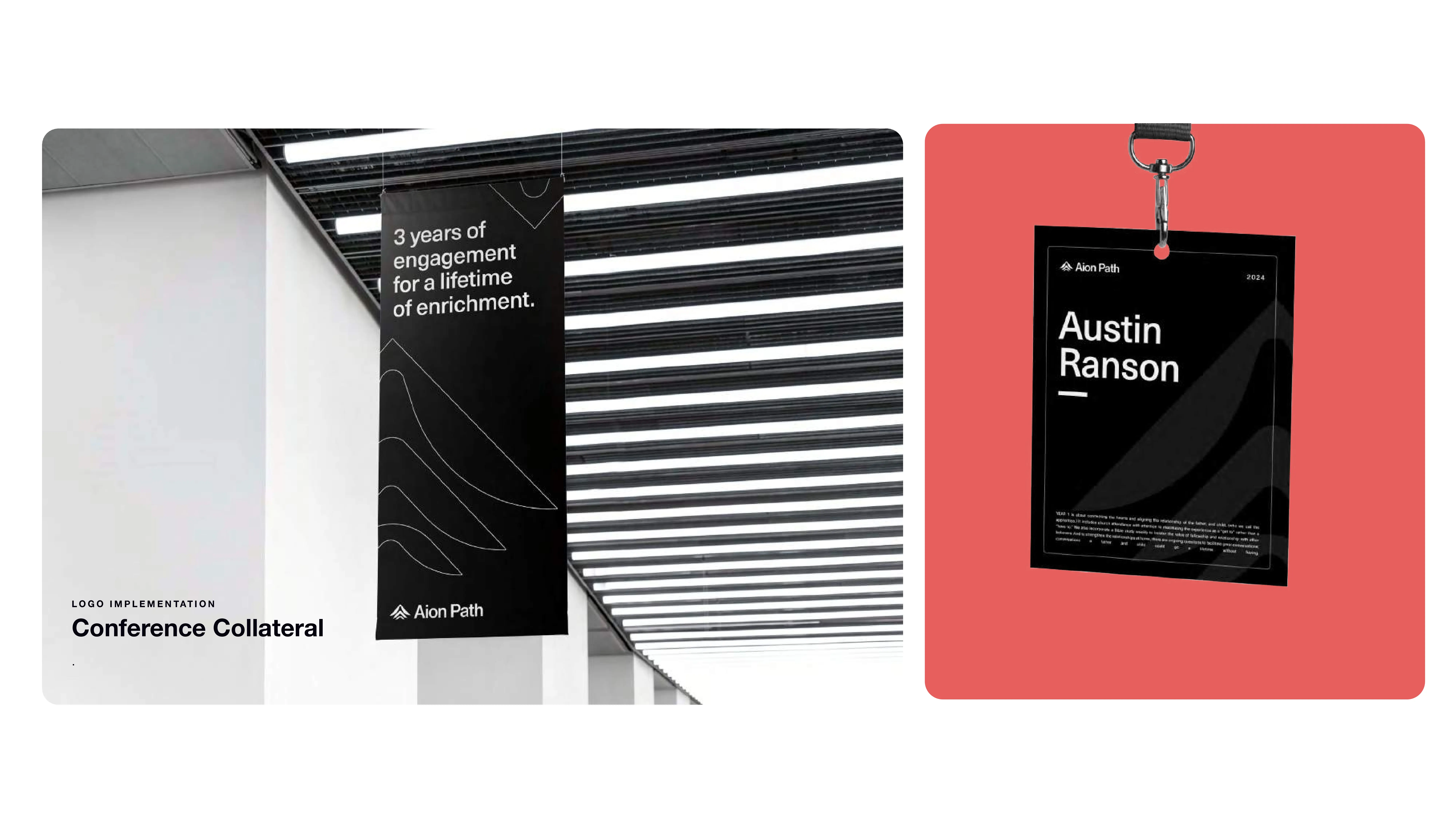 Two conference materials: a vertical black banner with white text hanging from a ceiling, and a black name badge for Austin Ranson with a lanyard, displayed on a red background. Both feature minimalist design.