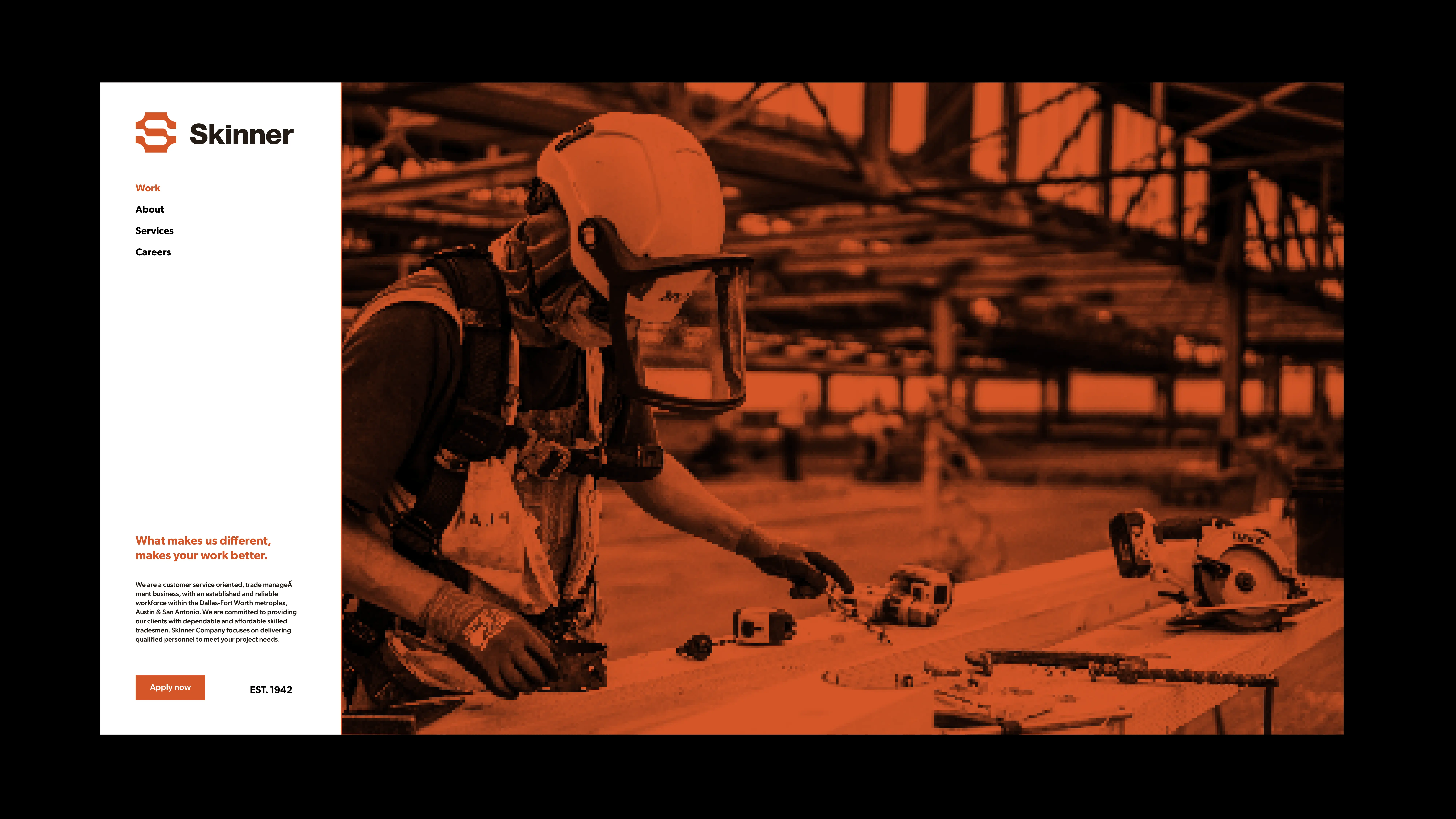 A construction worker wearing safety gear measures a wooden beam at a worksite. The image has an orange overlay. On the left, a website menu and company info for Skinner are visible.