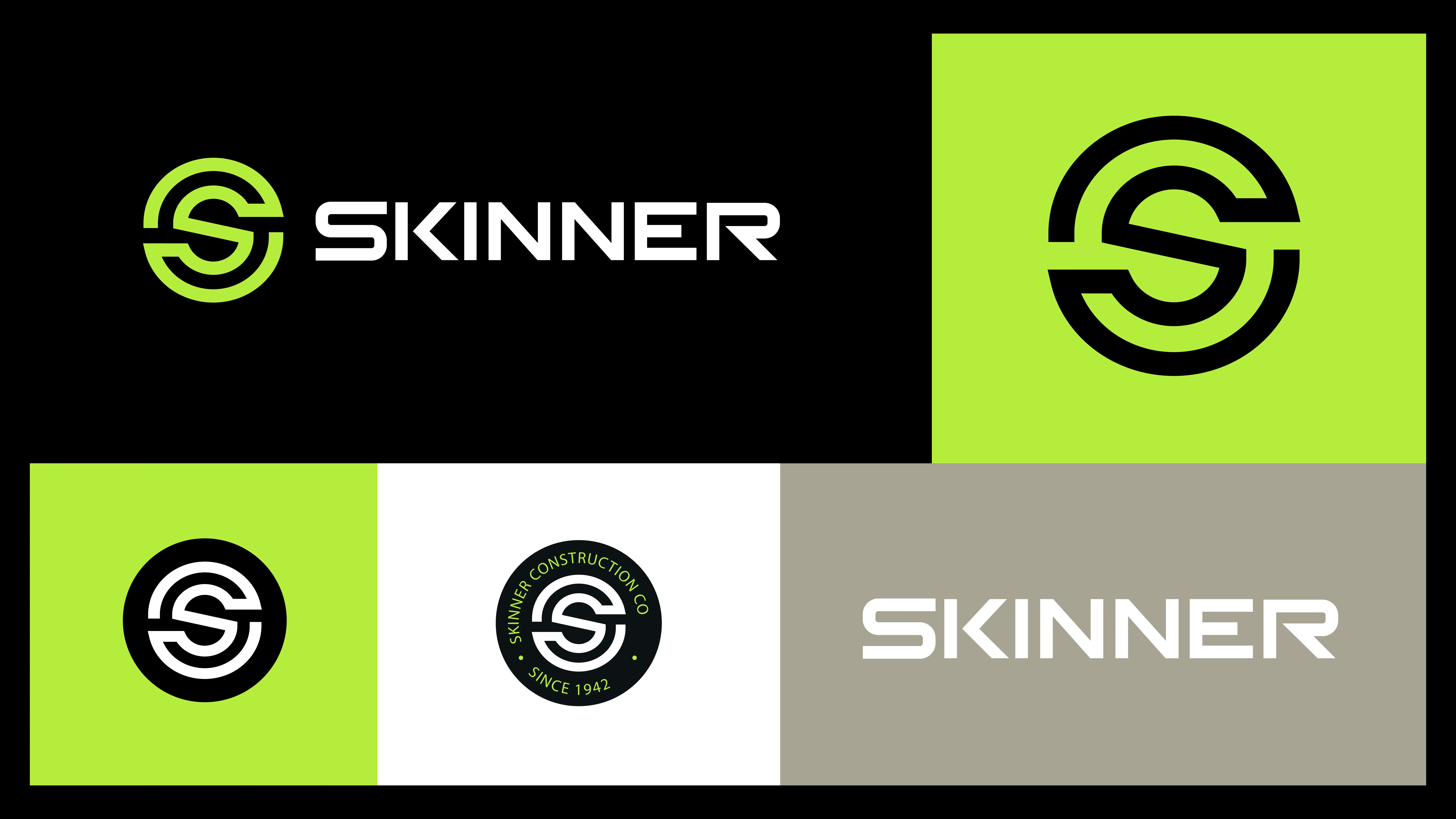 A branding design for SKINNER features a bold, stylized S logo in black and lime green, alongside modern, geometric white text on black and colored backgrounds, including a circular company seal.
