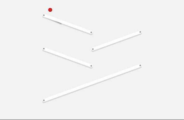 A red ball is about to roll down a series of white, tilted platforms with holes at each end, arranged on a light grey background. The ball is positioned at the top left platform.