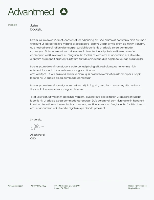 A formal business letter on Advantmed letterhead, addressed to John Dough, signed by Akash Patel, CEO. The letter contains placeholder text (Lorem ipsum) and company contact details at the bottom.