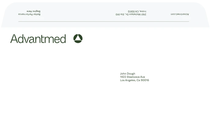 A letterhead with the Advantmed logo and name on the top left, recipient address for John Dough at 1234 Steelware Ave, Los Angeles, CA 90016, and sender information at the top right.