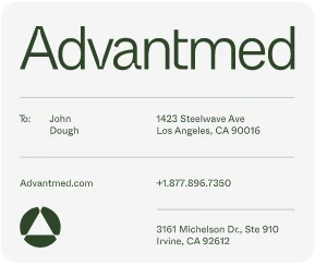 A business card for Advantmed with contact info for John Dough: 1423 Steelwave Ave, Los Angeles, CA 90016, phone +1.877.896.7350, 3161 Michelson Dr, Ste 910, Irvine, CA 92612, and Advantmed.com.