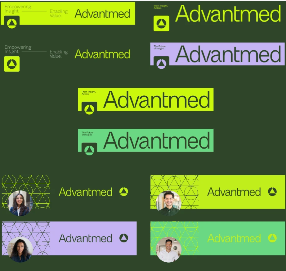A collage of Advantmed logos in various sizes, colors, and designs, with some featuring circular icons and three banners displaying headshots of smiling individuals. The background is dark green.