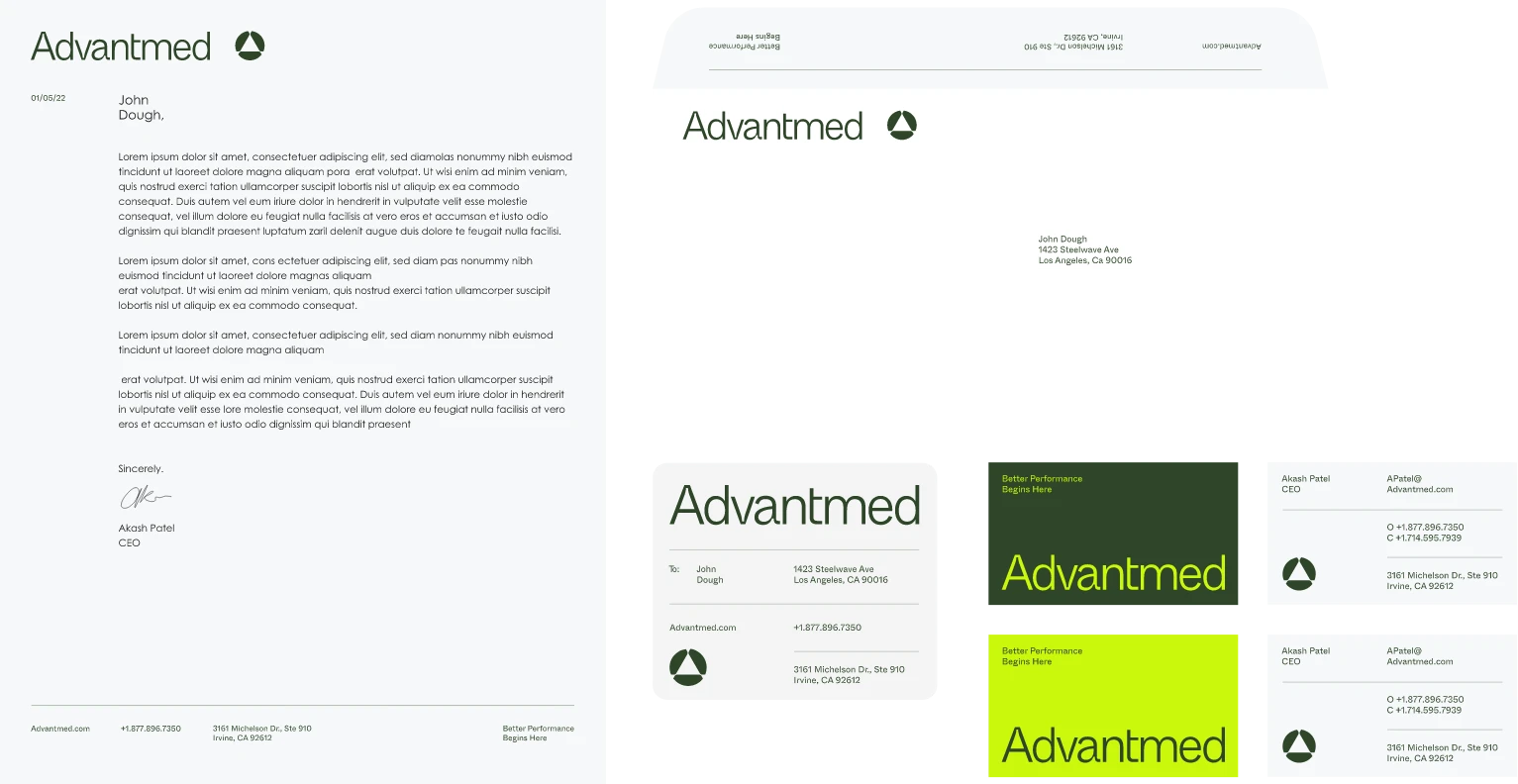 A collection of Advantmed branded stationery, including letterhead, envelopes, business cards, and folders, all featuring a green logo and modern, clean design with consistent typography.