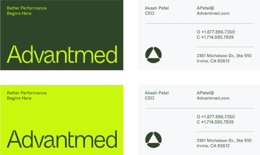 Four business cards for Advantmed are shown. Each card lists Akash Patel as CEO, includes contact info, a circular green logo, address, and the slogan “Better Performance Begins Here” in green and yellow color schemes.