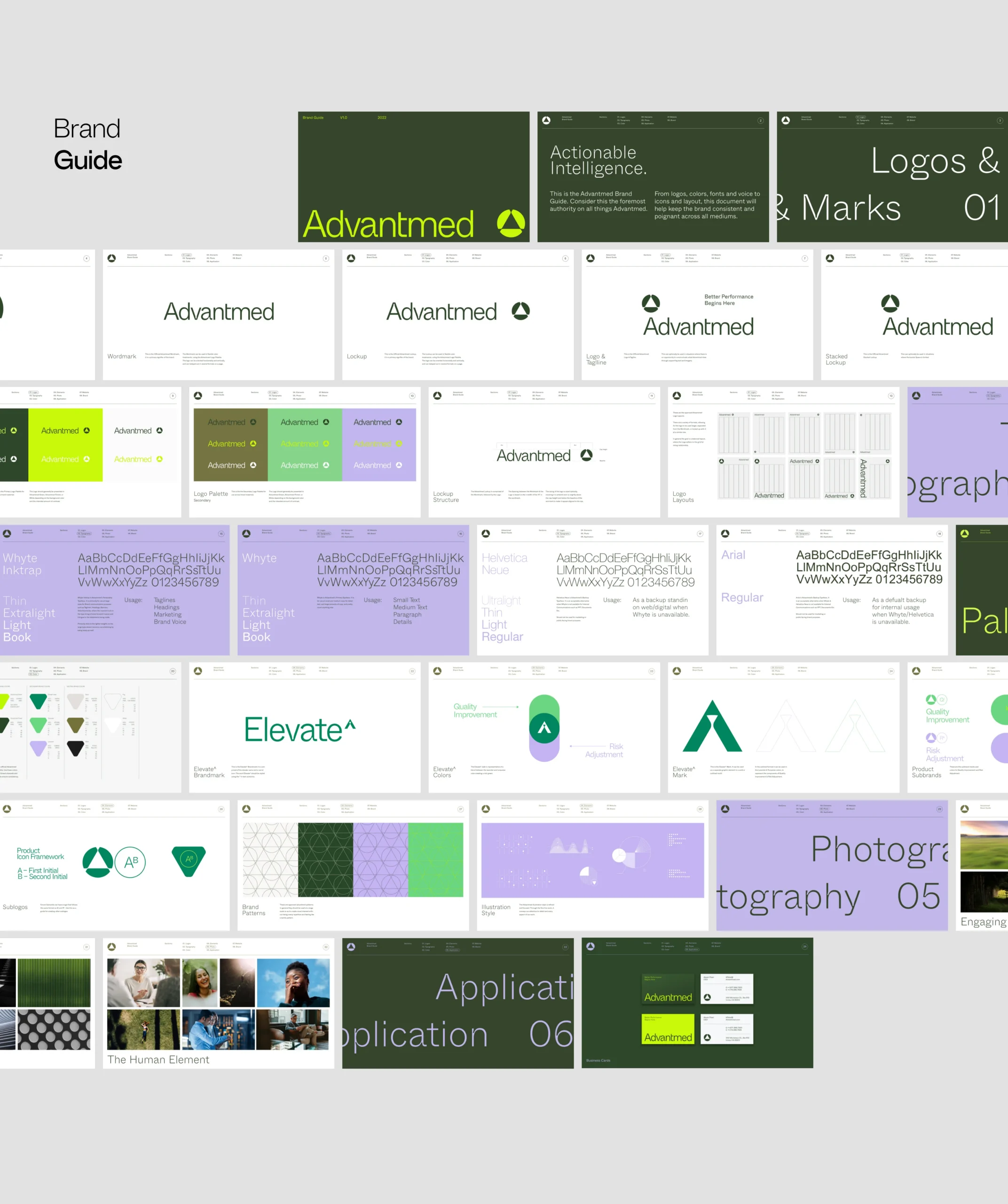 A collage of digital slides from a brand guide shows logos, color palettes, typography, graphic elements, photography styles, and logo applications for a company called Advantmed.