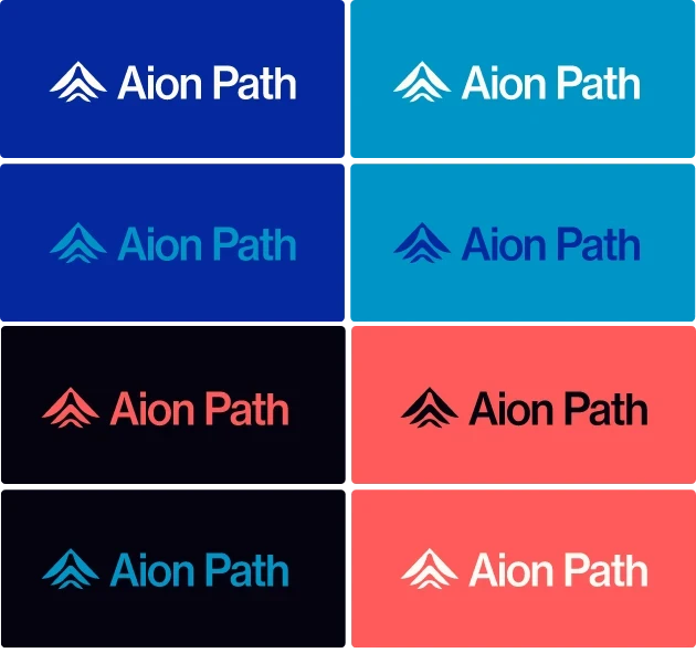 Grid of eight “Aion Path” logos in different color combinations, each with an upward arrow symbol to the left of the text. Background and text colors vary from blue, cyan, black, coral, and white.
