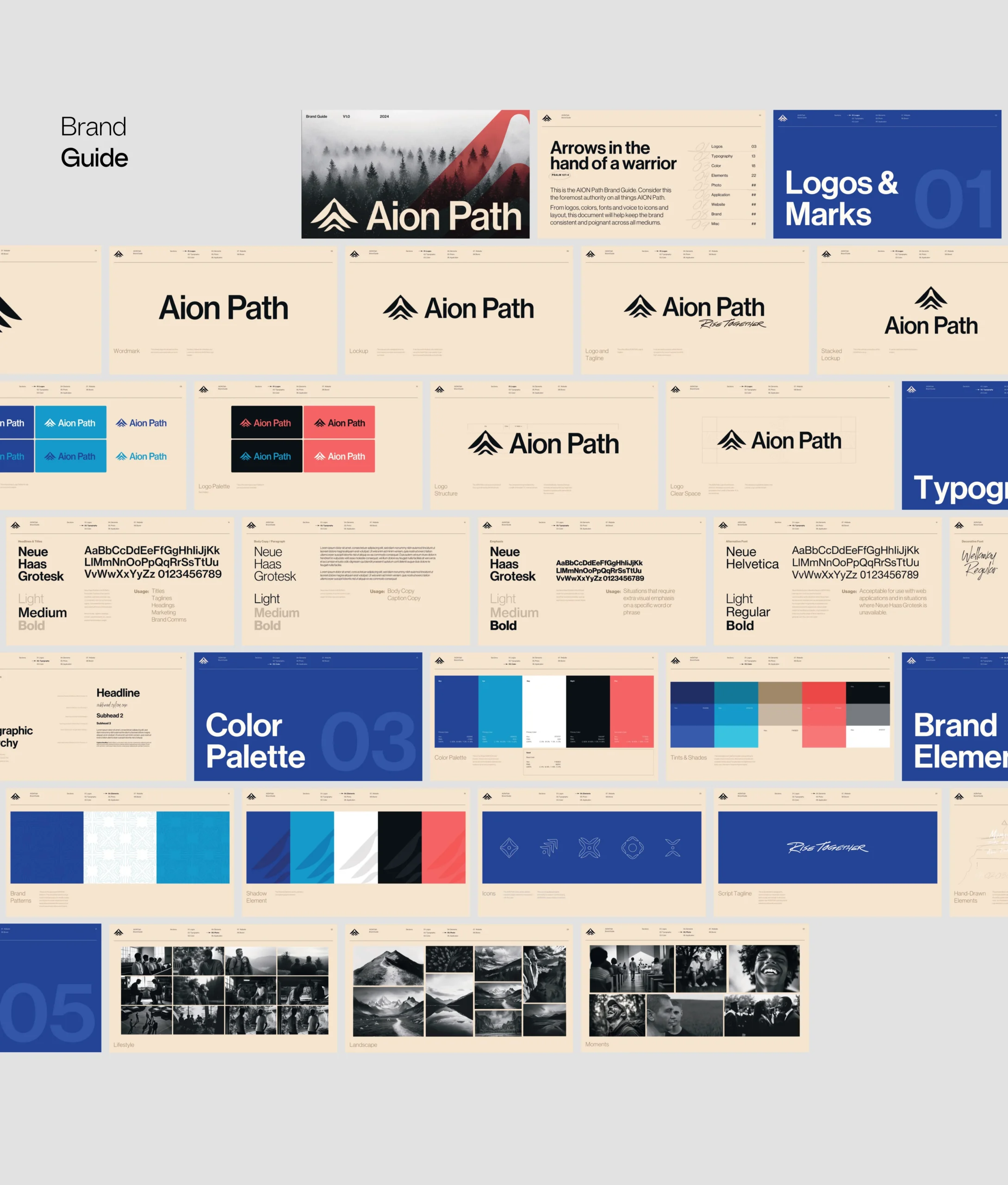 A digital brand guide for Aion Path displays logos, typography, color palettes, graphic elements, and black-and-white imagery, all organized on beige and blue presentation slides.