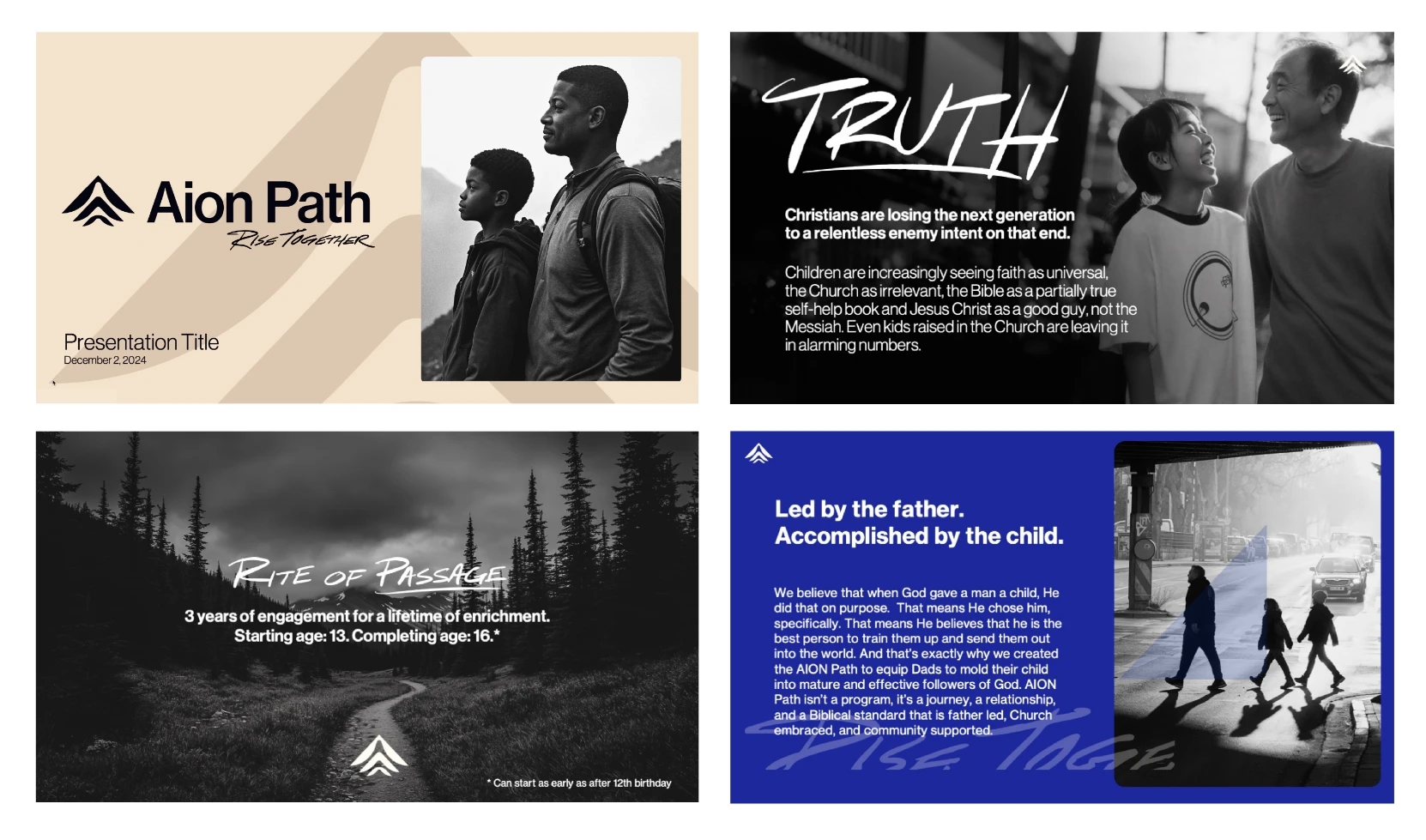 A presentation slide deck with four slides titled Aion Path Rite of Passage. The slides feature images of people, landscapes, and text about Christian rites of passage, truth, and father-child relationships.