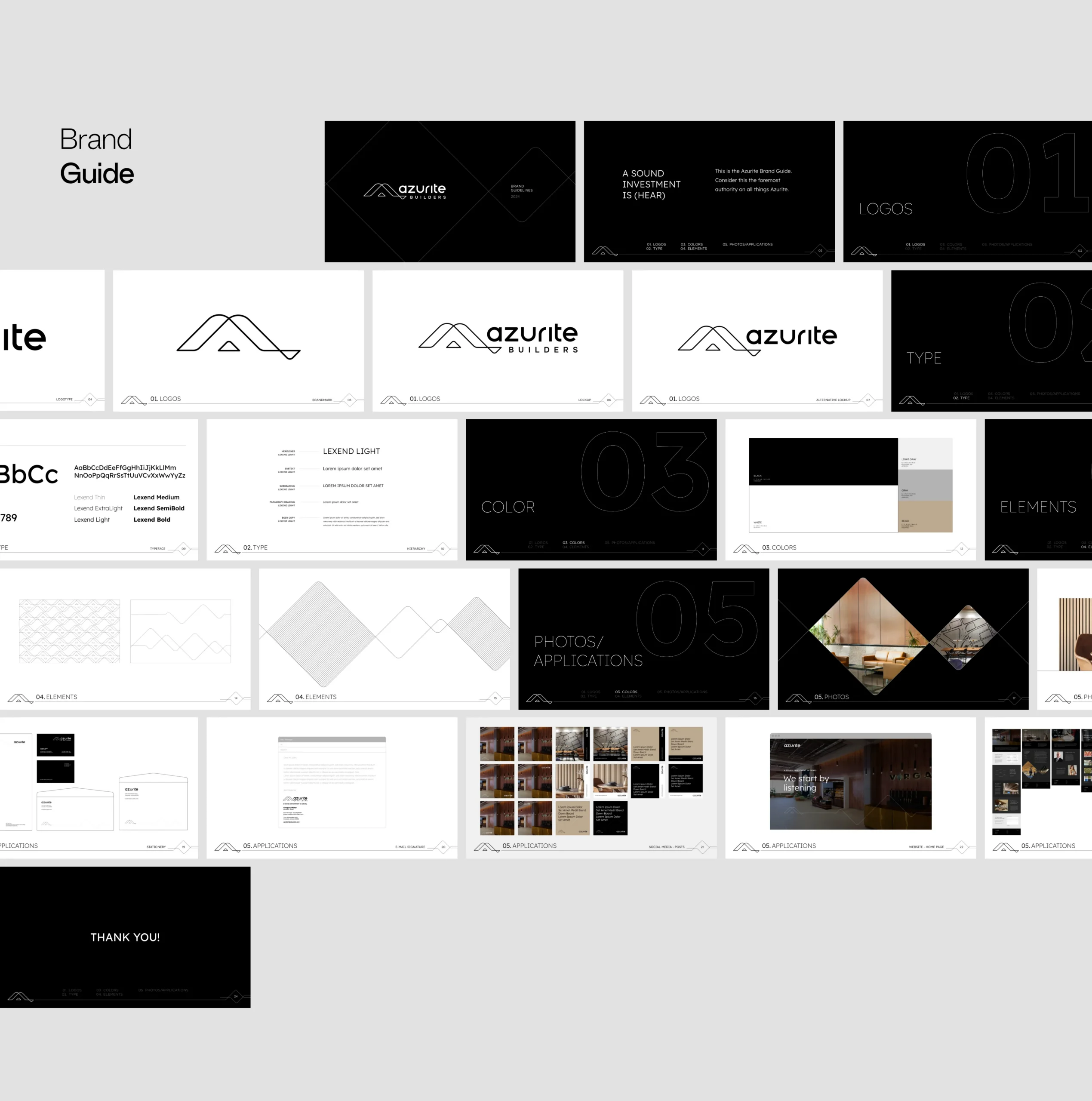 A digital brand guide for Azurite Builders is displayed in a grid format, featuring logo designs, color palettes, typography, elements, photos, and application mockups on white and black backgrounds.