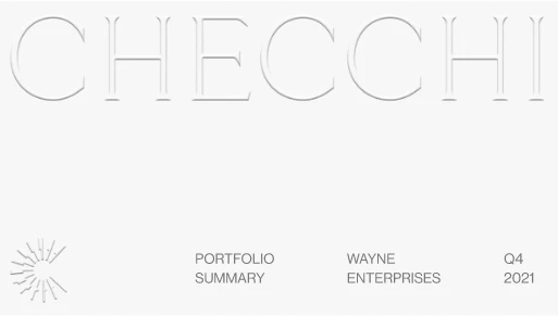Minimalist cover page with large embossed text CHECCHI at the top. Bottom left has a sunburst graphic. Text at bottom reads PORTFOLIO SUMMARY, WAYNE ENTERPRISES, Q4, and 2021.
