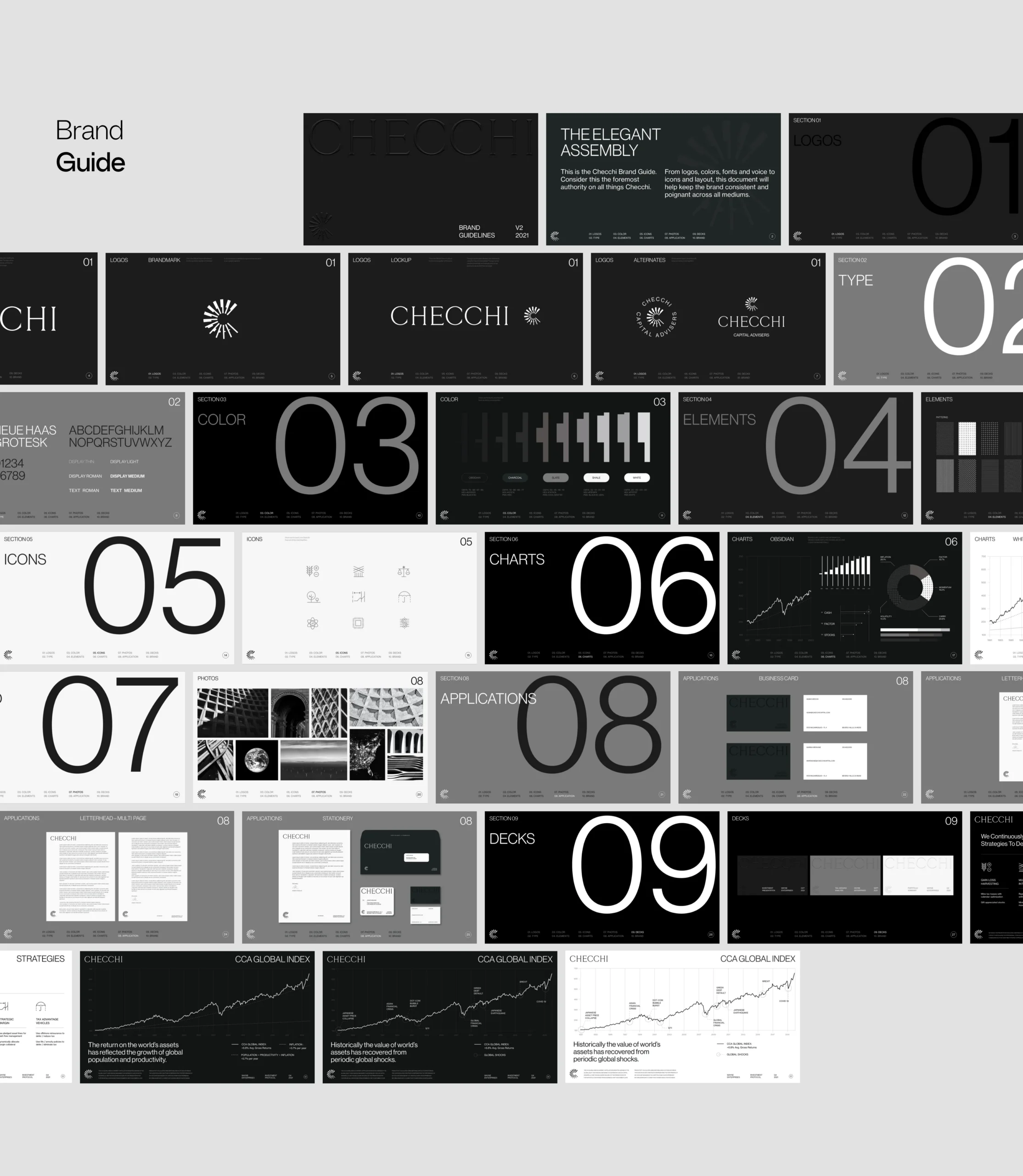 A collage of slides from a brand guide presentation featuring text, charts, color palettes, typography, icons, and layout designs in a grayscale and minimalist style.