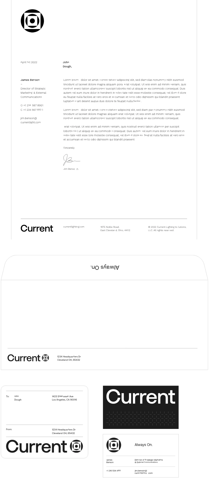 A set of business stationery for Current, including a letterhead with a logo, contact details, and a sample letter; branded envelopes; a business card; and various black-and-white designs featuring the company logo and slogan.