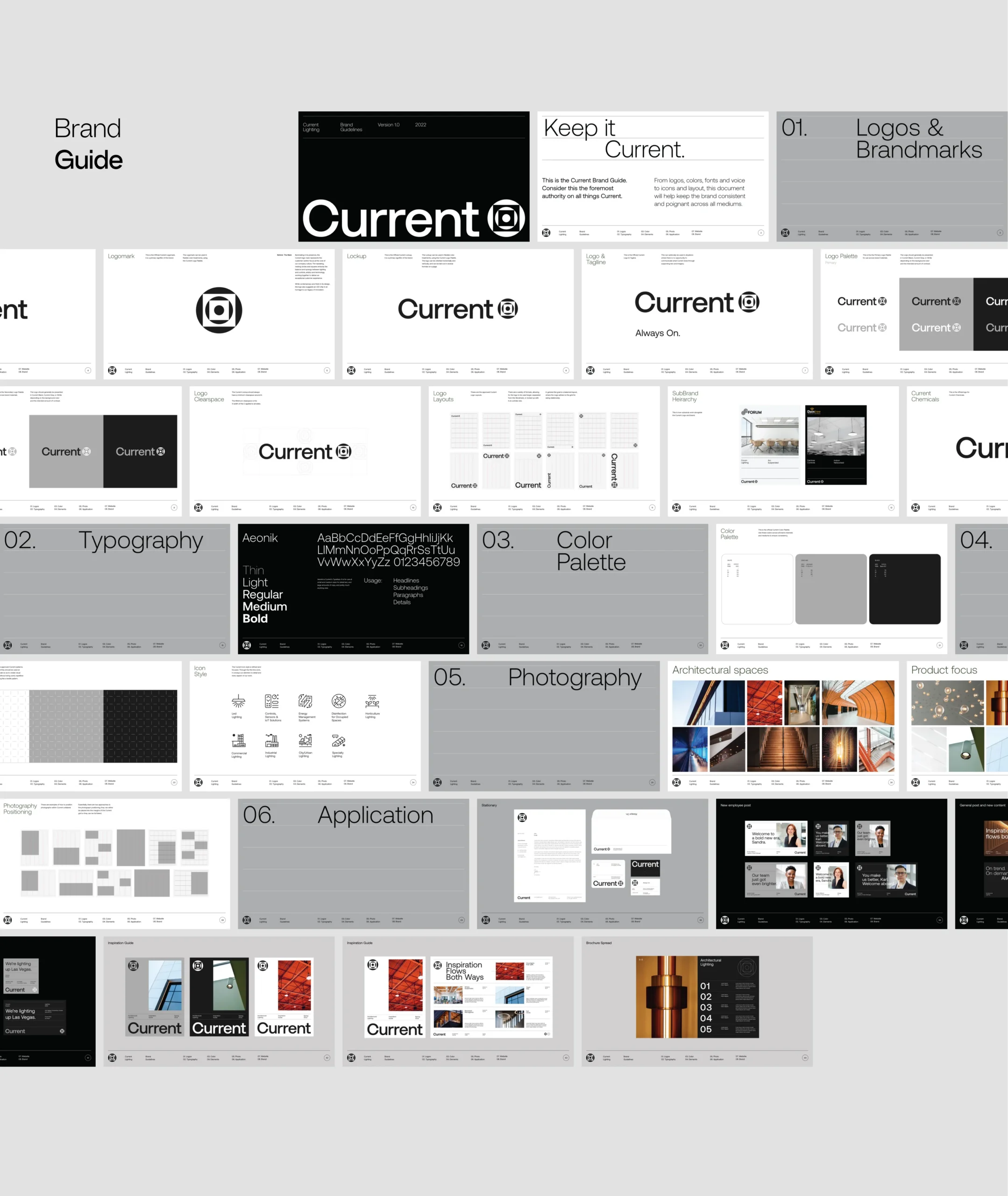 A digital brand guide for Current shows organized sections on logos, typography, colors, photography, and applications. Slides display logo designs, sample layouts, color swatches, and image examples on a light background.