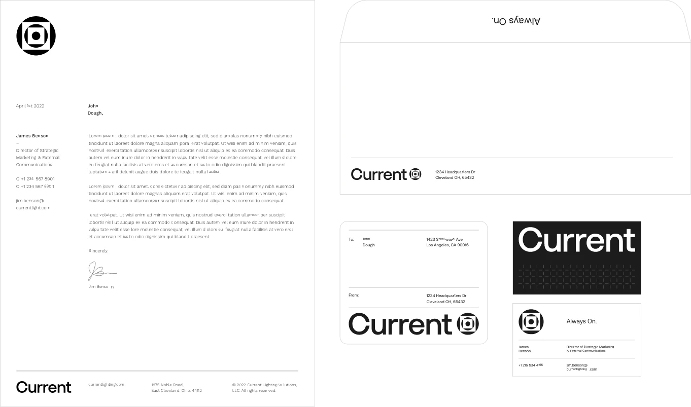 A branding mockup for “Current” featuring letterhead, envelope, business cards, and logo, all in black and white with bold typography and a circular icon resembling a camera aperture.