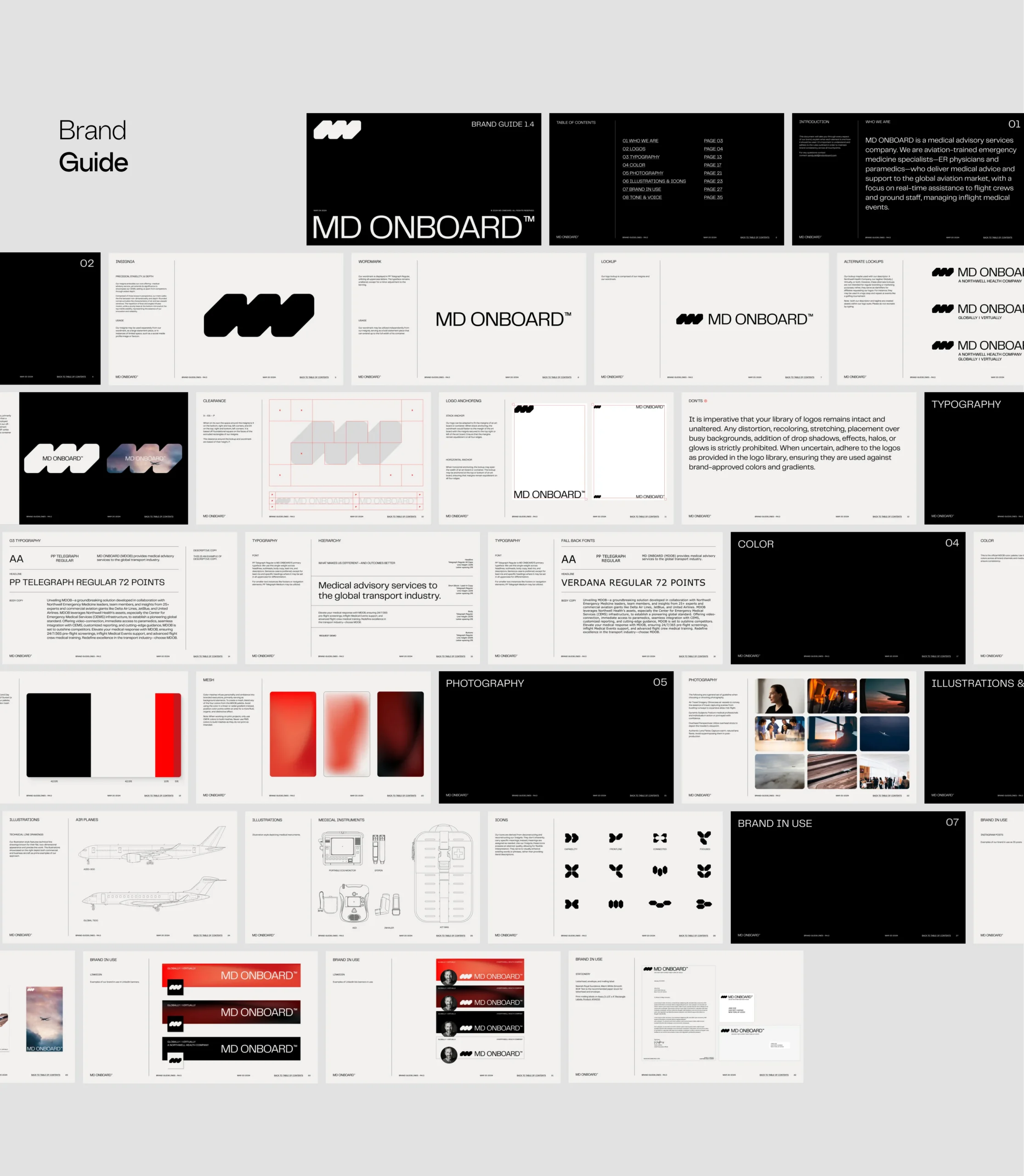 A digital collage of a brand guidelines document for MD ONBOARD, featuring sections on logo, typography, color palette, photography style, illustrations, and brand usage standards, displayed across multiple white and black pages.