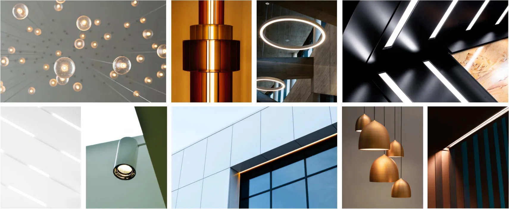 A collage of modern lighting designs, featuring chandeliers, pendant lights, geometric fixtures, and architectural buildings with integrated lighting, in various metallic, black, and minimalist styles.