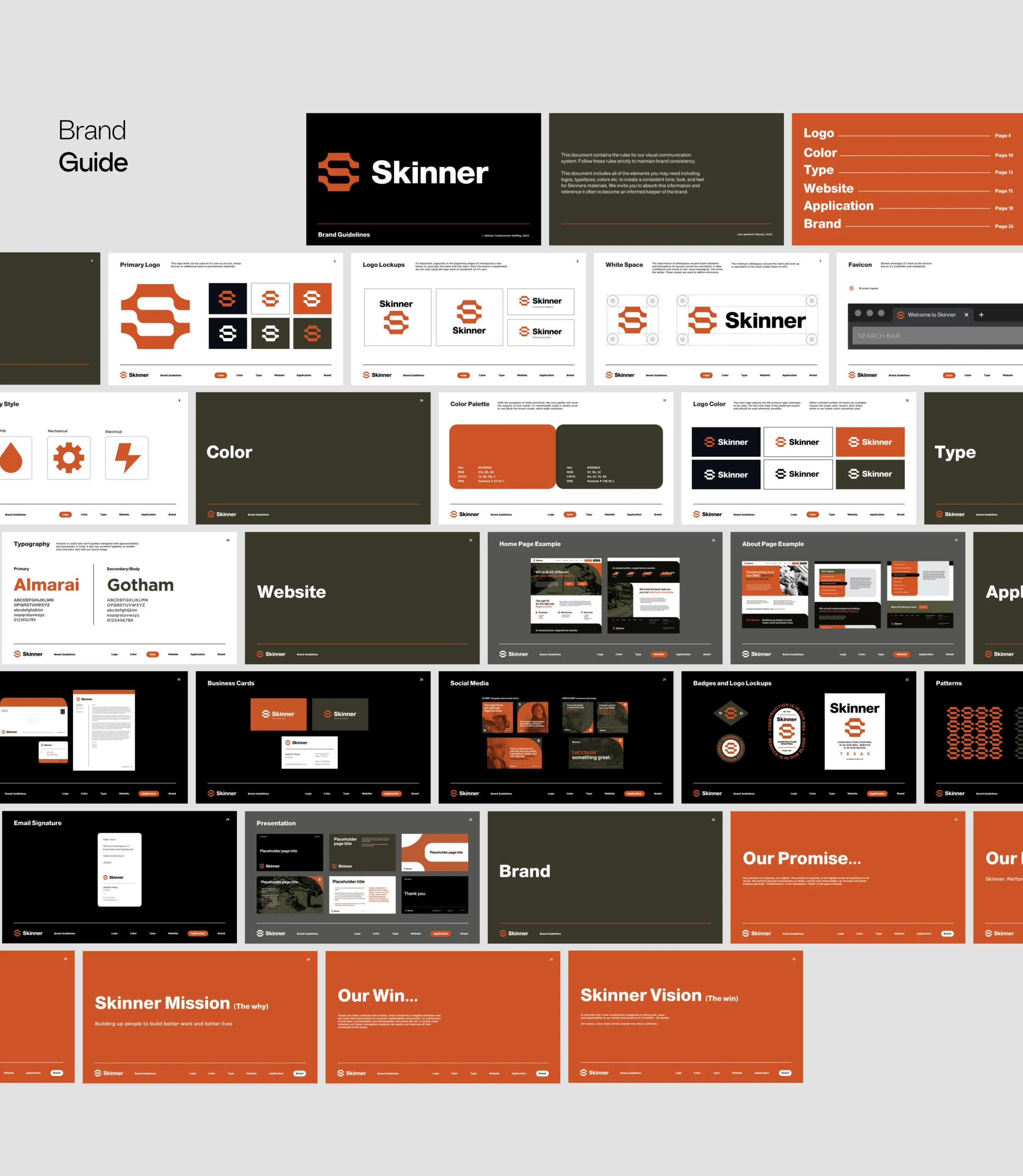 A brand guide for Skinner is displayed, showing logo designs, color palettes, typography, website mockups, and brand messaging in an orange, black, and white color scheme, organized into labeled sections.