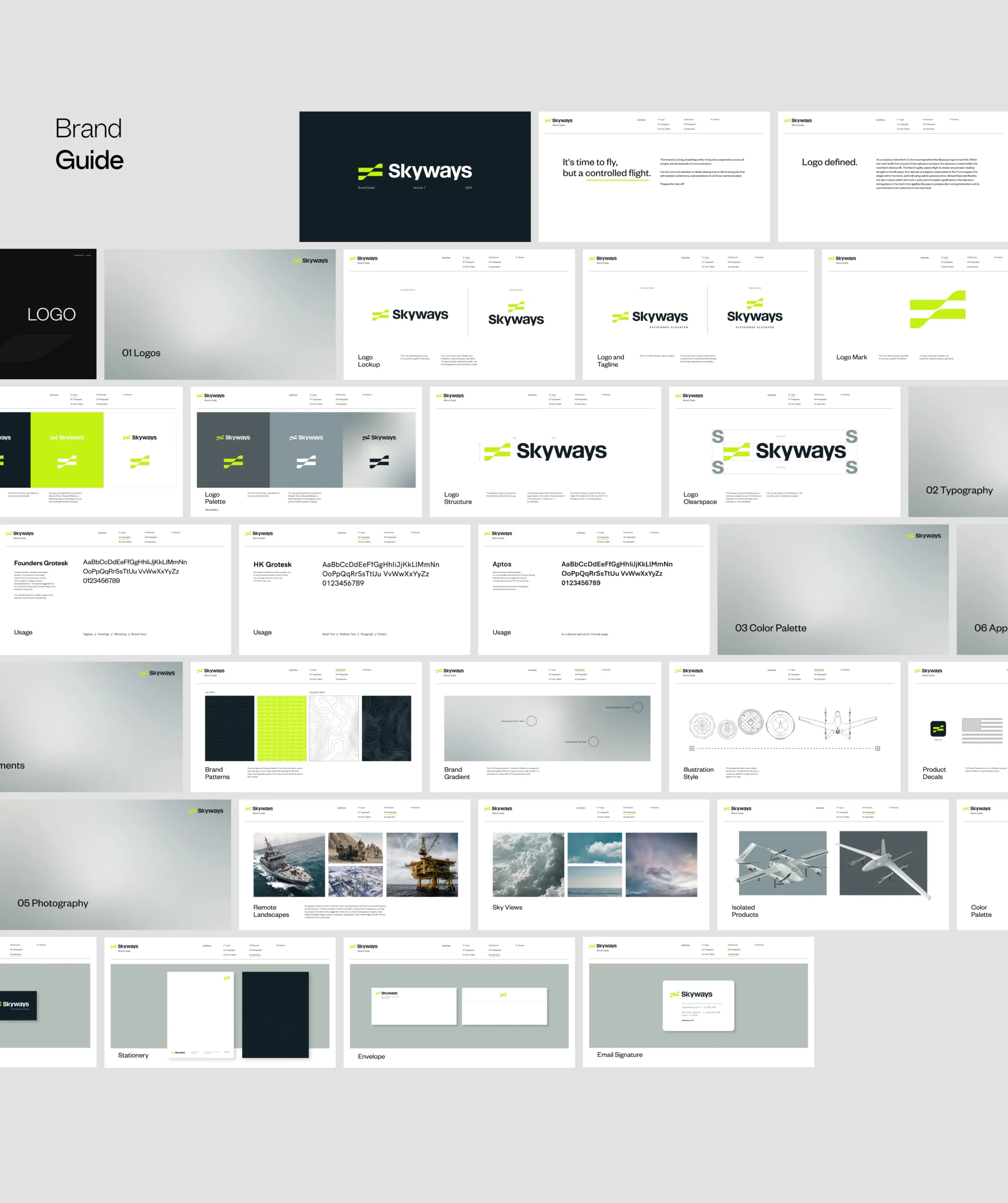 A digital brand guide for Skyways is displayed, featuring logo designs, color palettes, typography, imagery, and layout guidelines on a light gray background. Multiple slides show brand elements and visual examples.