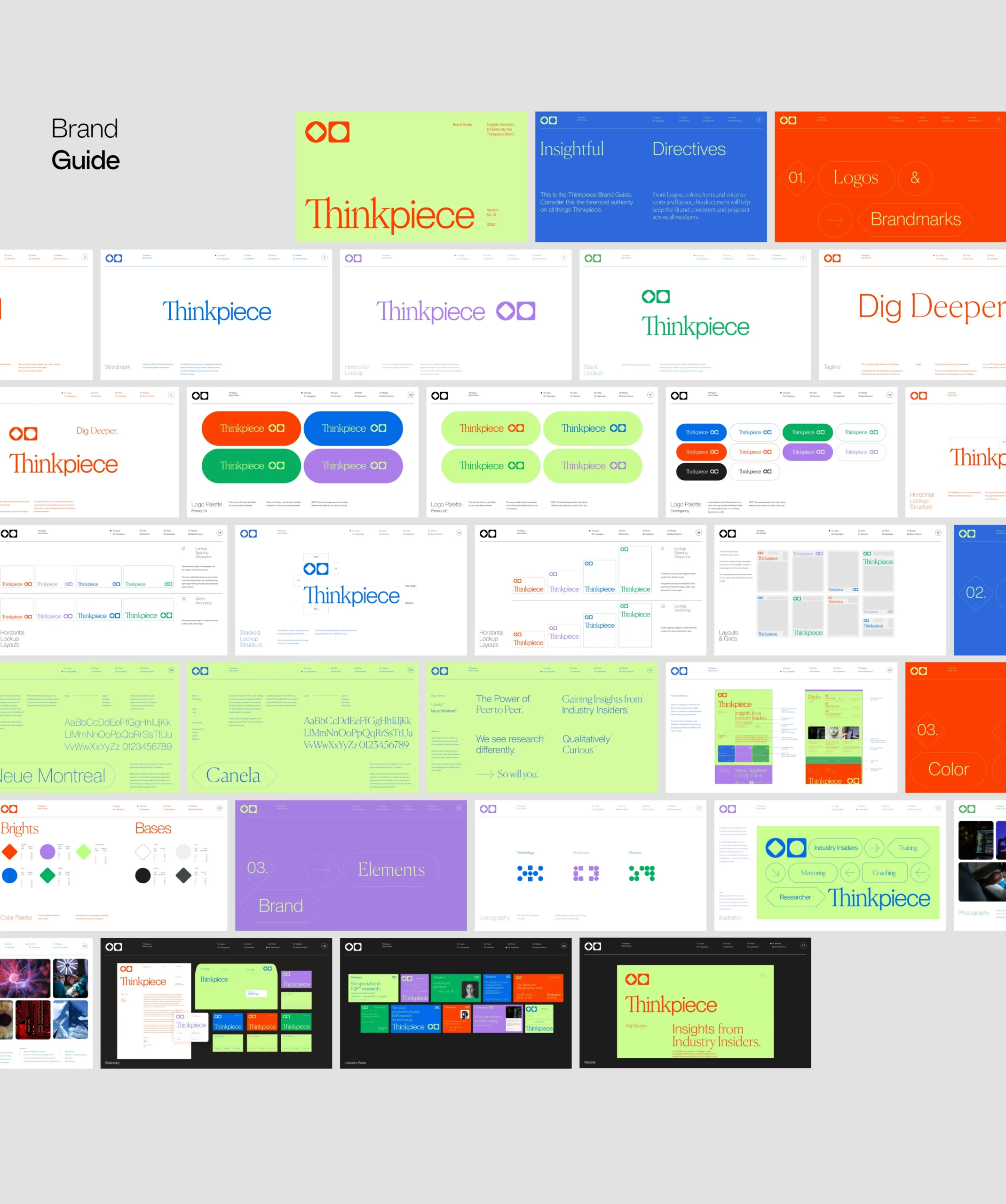 A collage of colorful slides from a brand guide presentation, featuring various layouts with text like Thinkpiece, bold headings, charts, grids, and design elements in orange, blue, green, and white backgrounds.