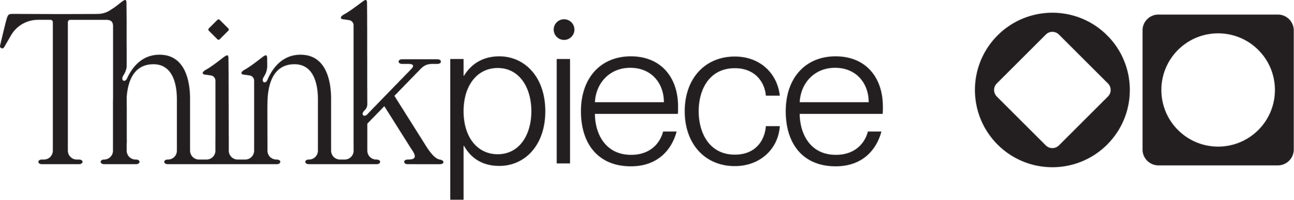Black text reads “Thinkpiece” in a serif font, followed by two geometric shapes: a diamond within a circle and a diamond within a square, all on a white background.