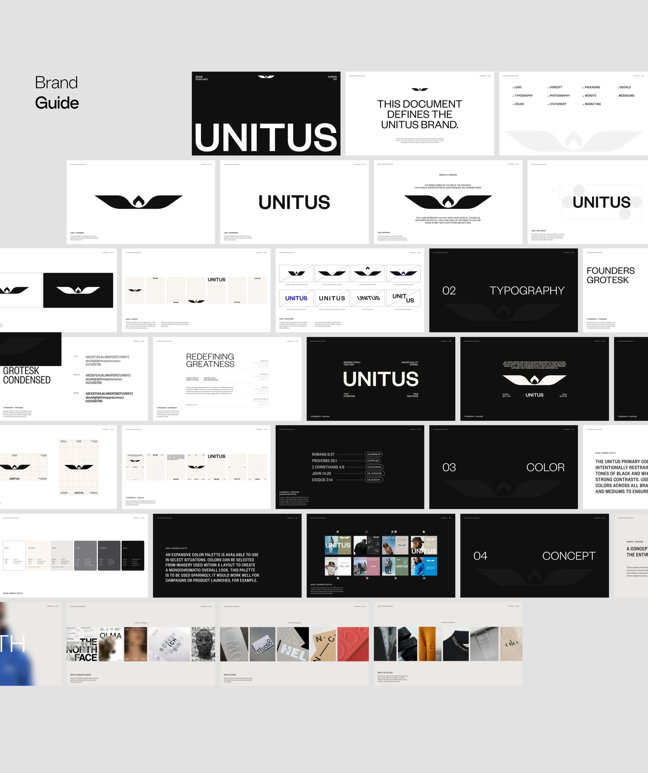 A collage of slides from a brand guide for UNITUS, featuring black, white, and beige designs, with sections on identity, typography, color, and concept, as well as logos and sample layouts.