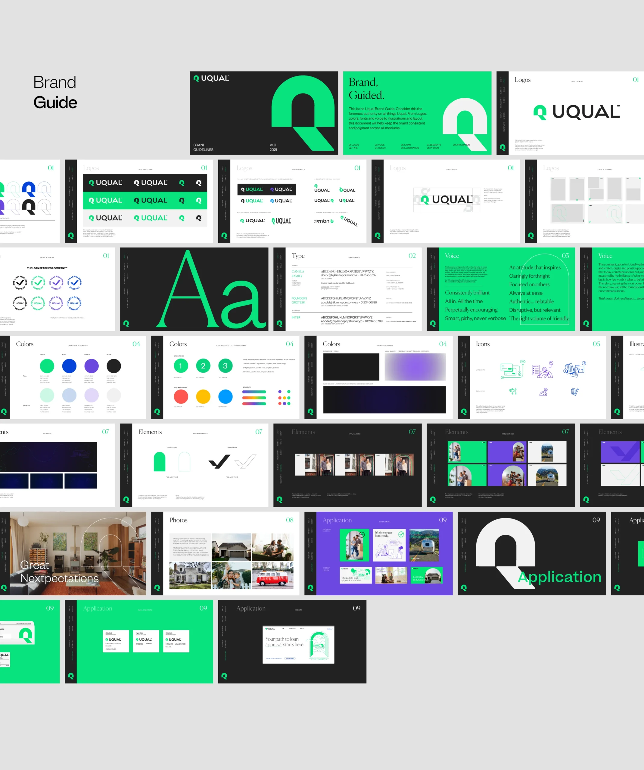 Collage of slides from a brand guideline document for UQUAL, showing logo designs, color palettes, typography, imagery, and layout examples on white, green, and black backgrounds.