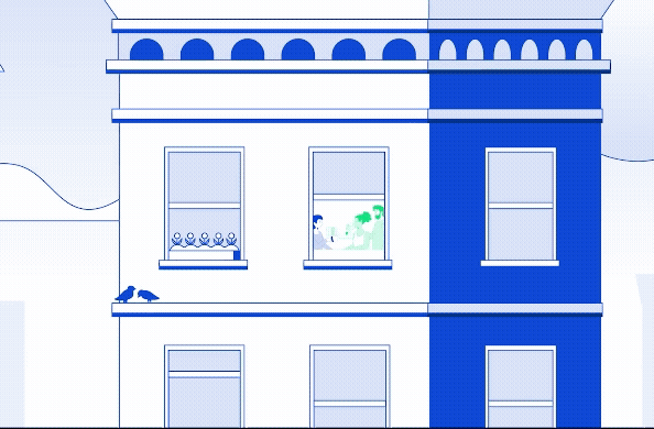 A simple illustration of a building facade with two birds on a windowsill and a person painting at an open window. The left half of the building is white, the right half is blue. Other windows are closed and empty.