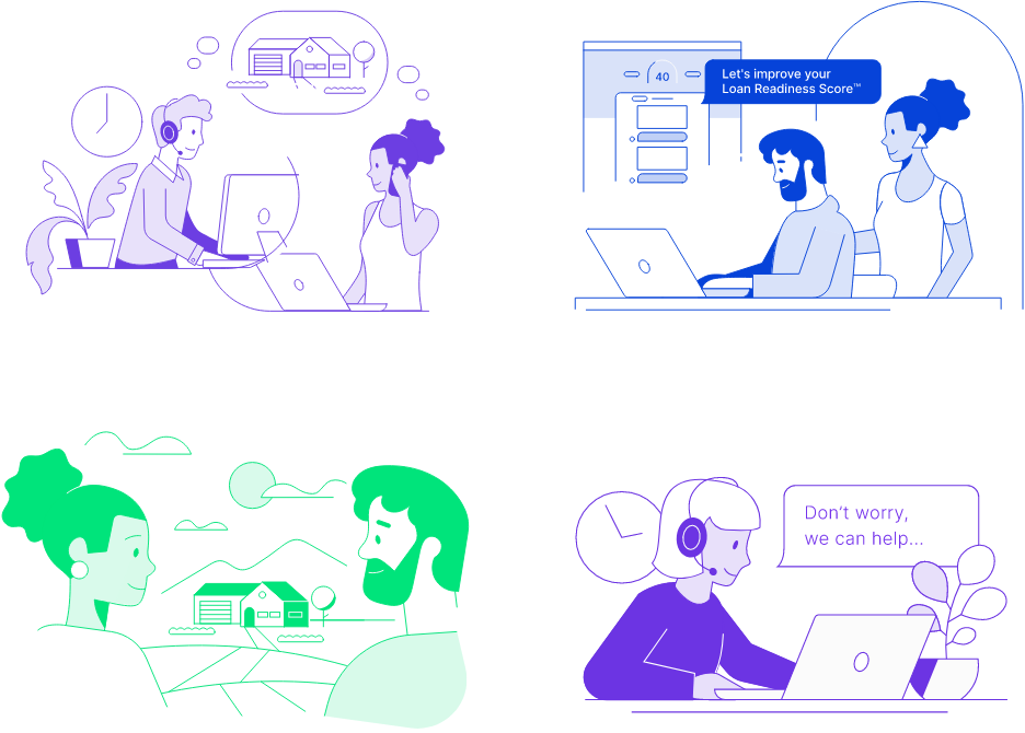 Four illustrations showing people discussing finances: two at computers with loan readiness info, one couple outside a house, and a call center agent with a headset saying, Dont worry, we can help.